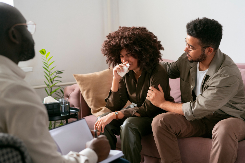A man providing emotional comfort to a distressed woman during a counseling support session, representing mental health services offered by Wellness Works Consultants.